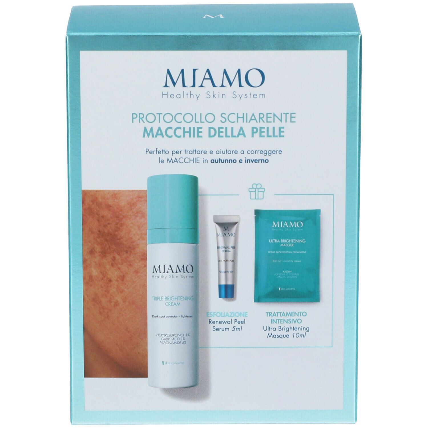 Confezione regalo Miamo con crema, siero e maschera. Testo: Protocollo Schiarente Macchie della Pelle. Confezione azzurra.