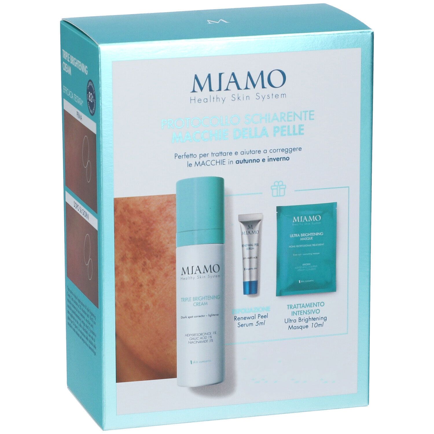 Scatola Miamo con crema, siero e maschera. Testo: Protocollo Schiarente Macchie della Pelle. Confezione azzurra.