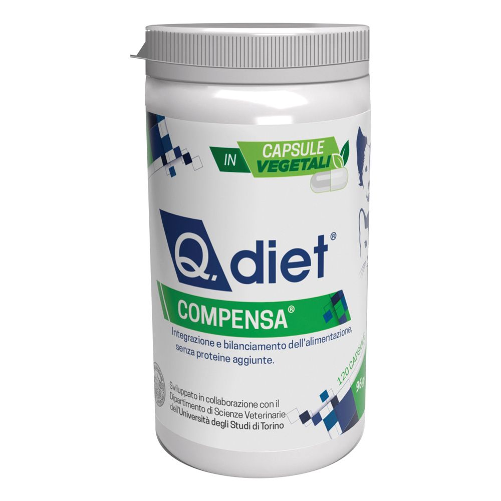 Barattolo bianco con coperchio. Scritta: Q. diet Compensa. 120 capsule. Elementi grafici verdi e blu.