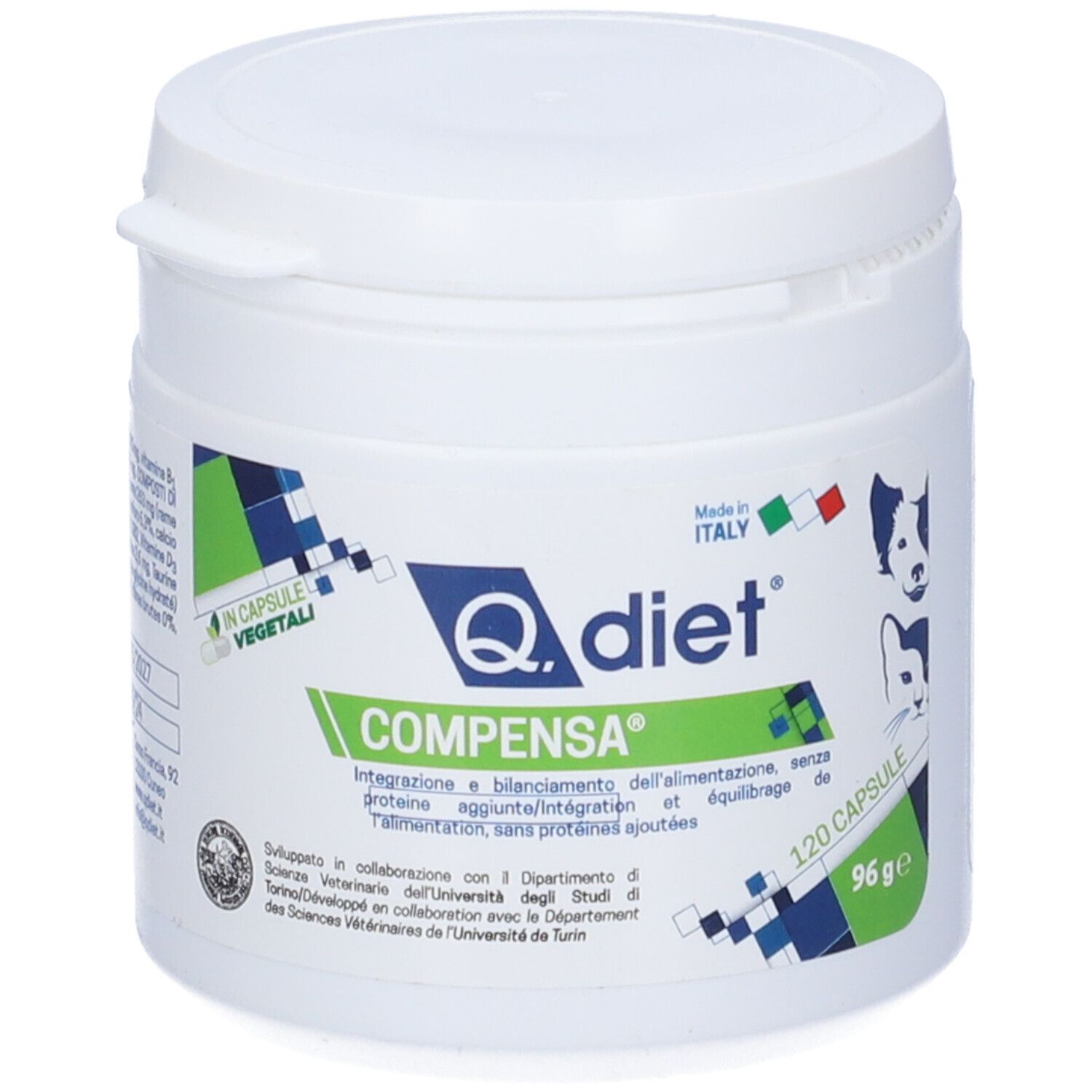 Barattolo bianco con coperchio. Scritta: Q. diet Compensa. 120 capsule. Bandiera italiana. 96g.
