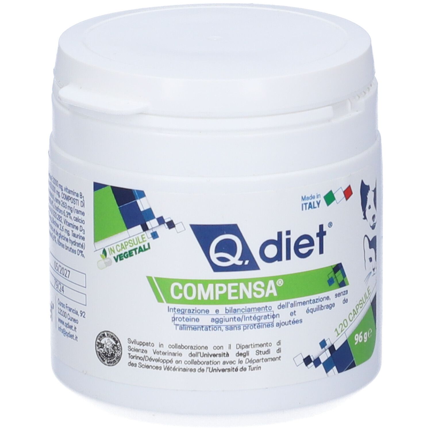 Barattolo bianco con coperchio. Scritta: Q. diet Compensa. 120 capsule. 96g. Bandiera italiana.