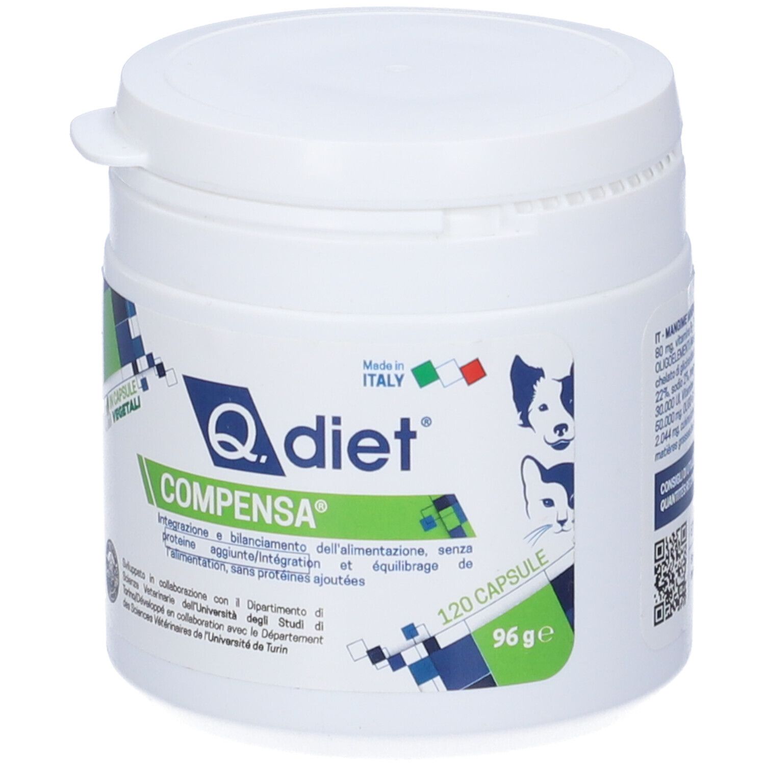 Barattolo bianco con coperchio. Scritta: Q. diet Compensa. 120 capsule. 96g. Bandiera italiana. Immagine cane e gatto.