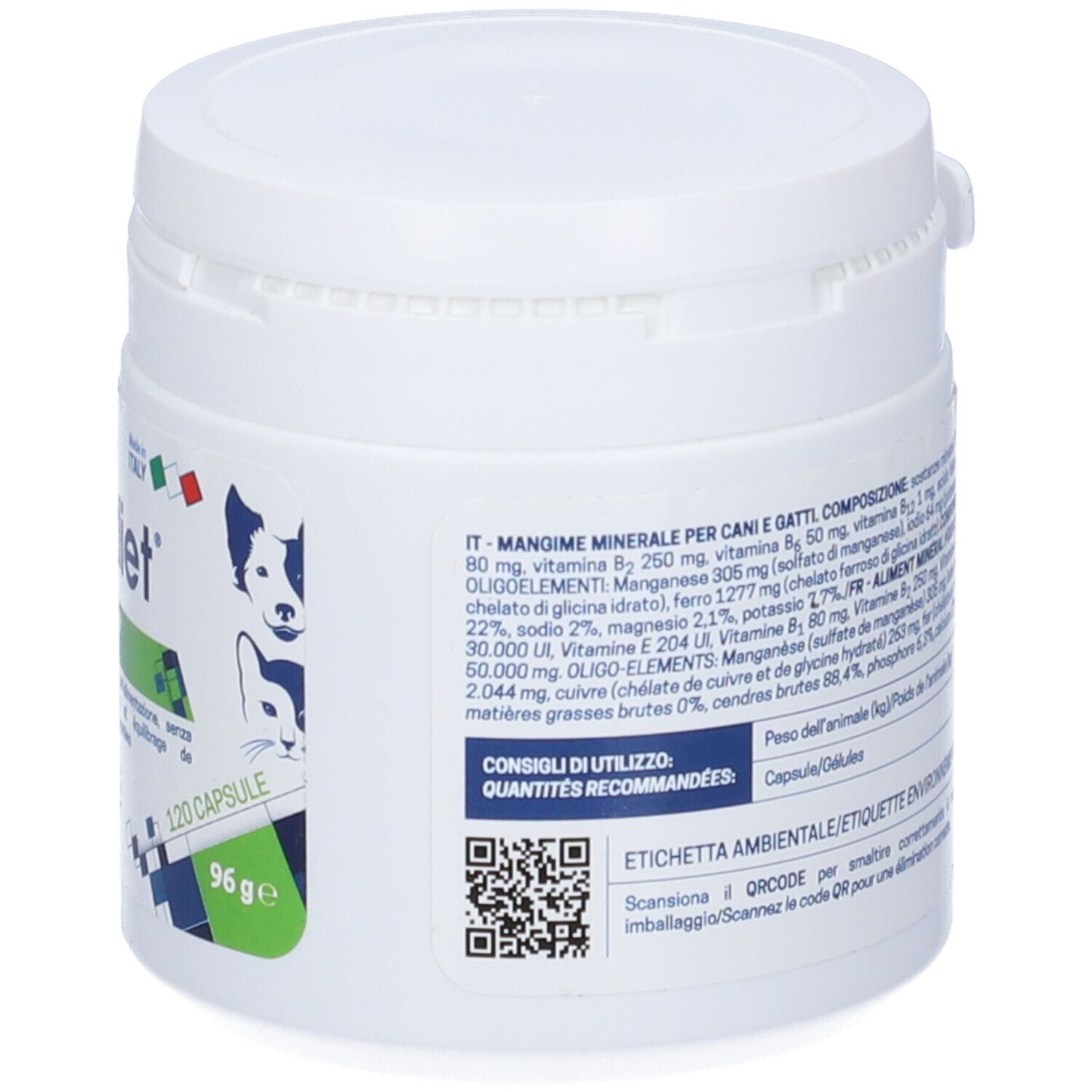 Barattolo bianco con coperchio. Retro con testo. 120 capsule. 96g. Codice QR. Immagine cane e gatto.