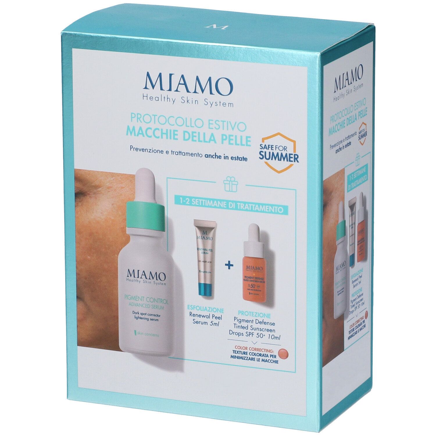 Confezione regalo Miamo. Contiene siero, peeling e crema solare colorata. Packaging con nome e logo del prodotto.