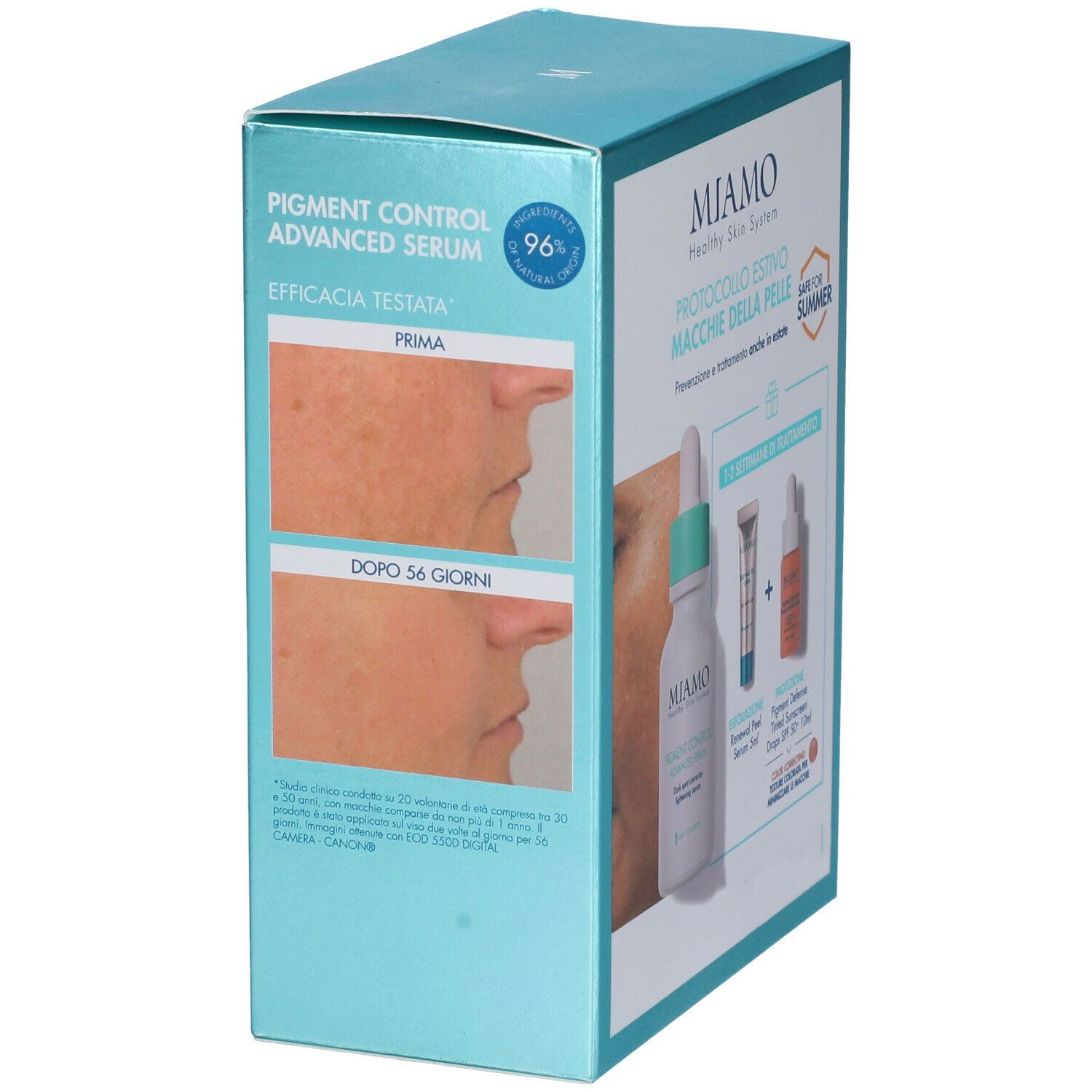 Packaging prodotto Miamo. Mostra immagini prima-dopo. Contiene siero, peeling e crema solare colorata. Con logo e nome.