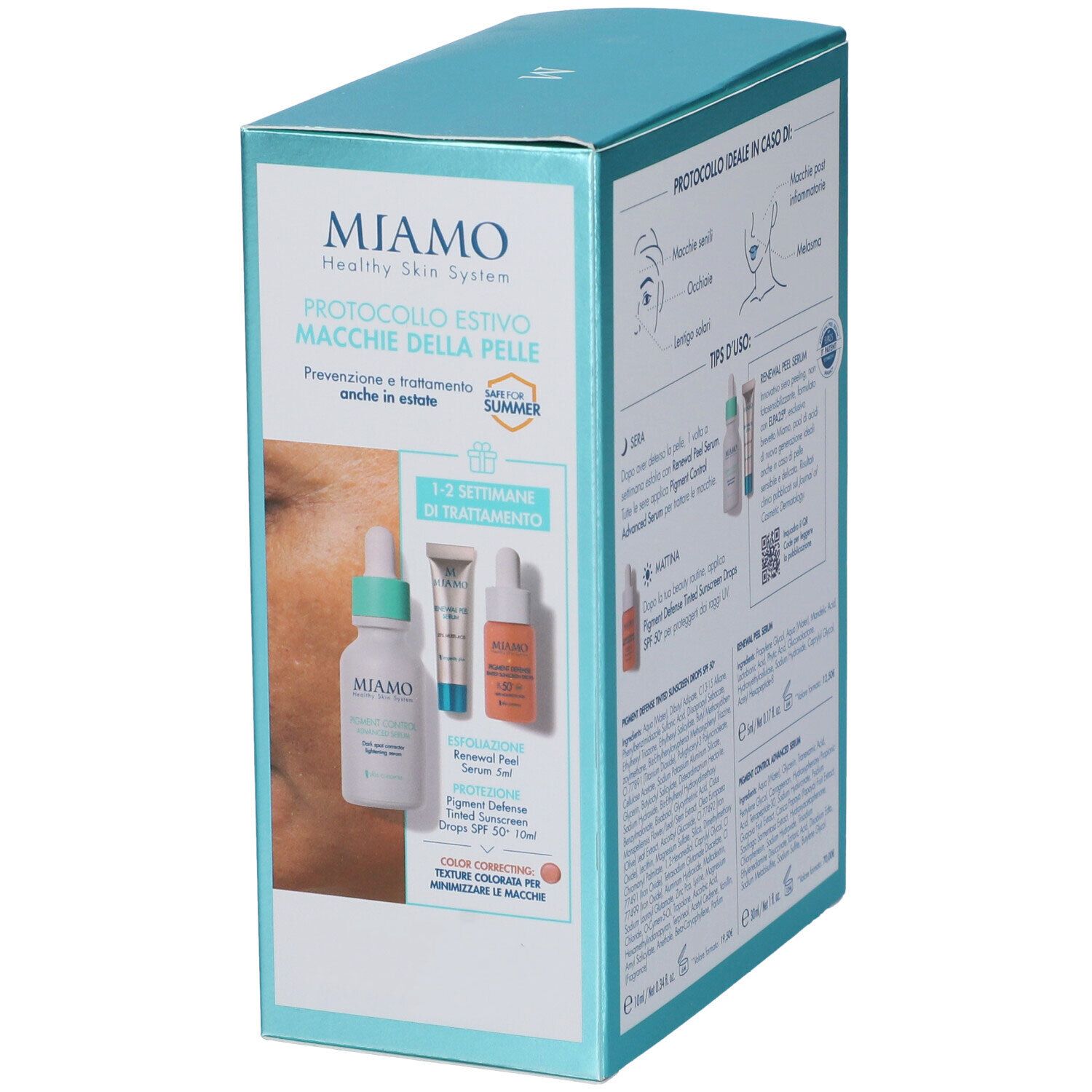 Packaging prodotto Miamo. Contiene siero, peeling e crema solare colorata. Con logo e nome. Mostra esempi di utilizzo.