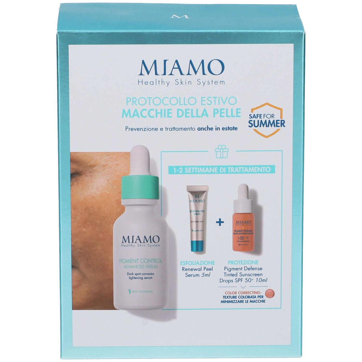 Packaging prodotto Miamo. Contiene siero, peeling e crema solare colorata. Con logo e nome. Adesivo 'Safe for Summer'.
