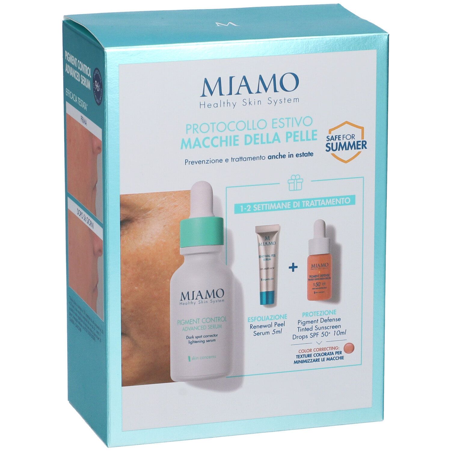 Packaging prodotto Miamo. Contiene siero, peeling e crema solare colorata. Con logo e nome. Adesivo 'Safe for Summer'.