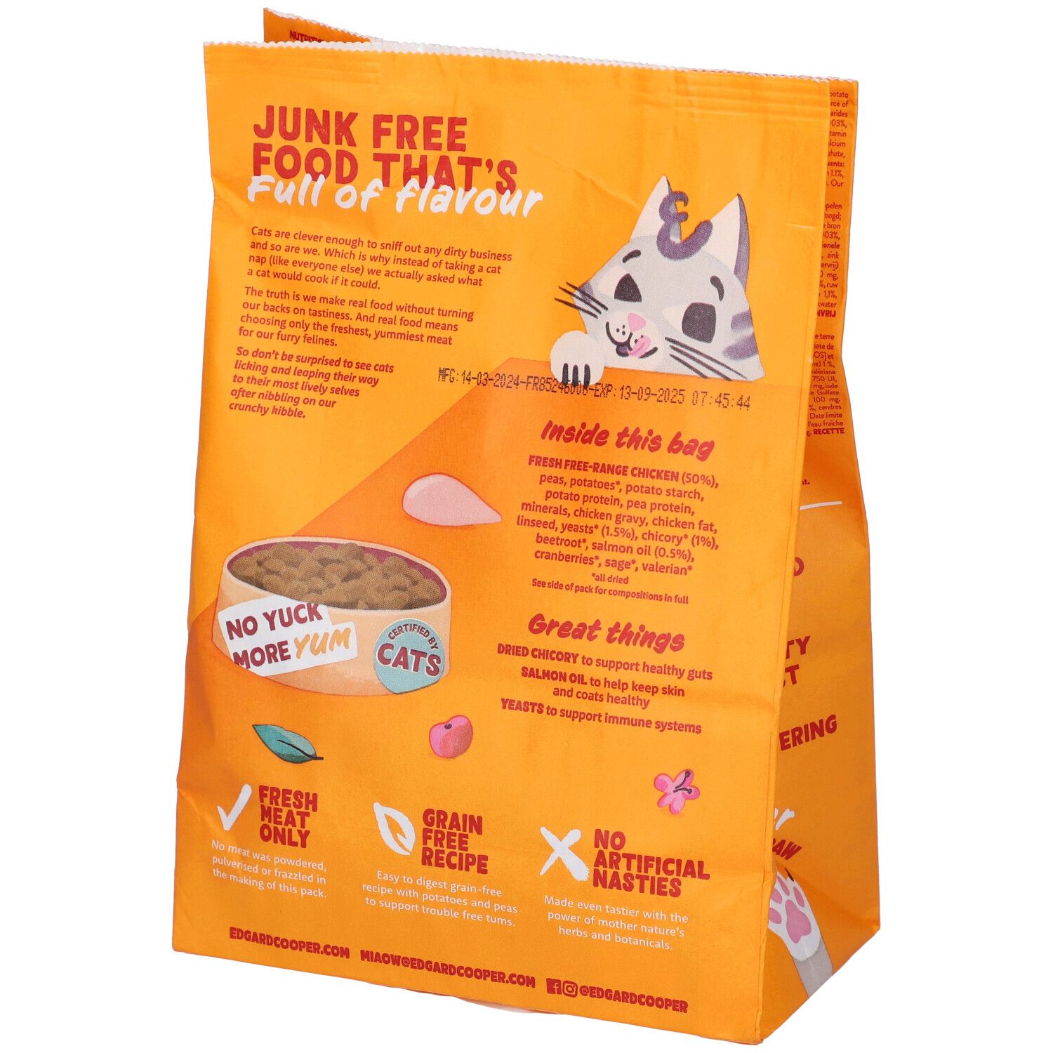 Retro della confezione arancione. Testo: "Junk Free". Elenco ingredienti e informazioni nutrizionali.