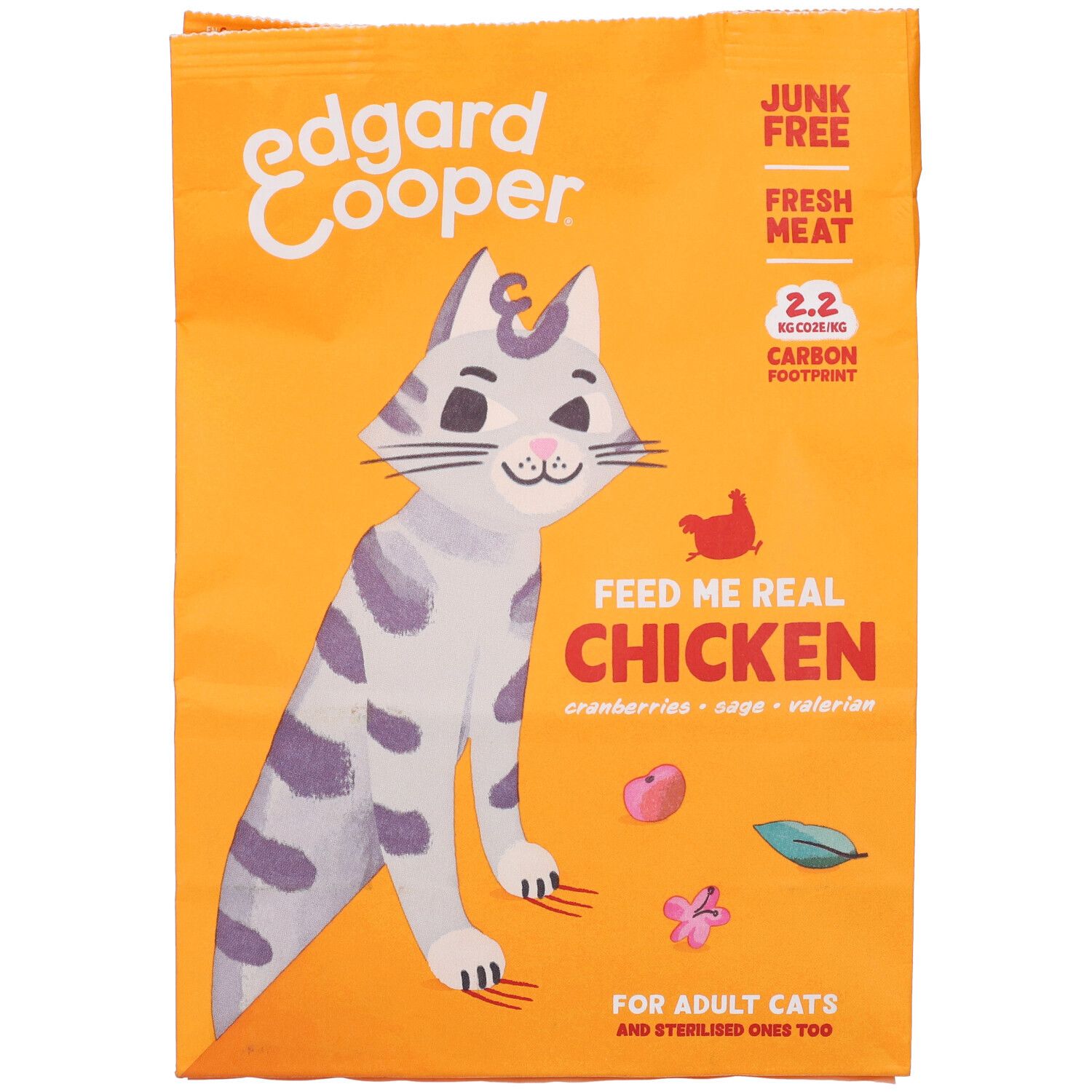 Confezione arancione con immagine di gatto e nome del prodotto. Testo: "Feed me real Chicken".