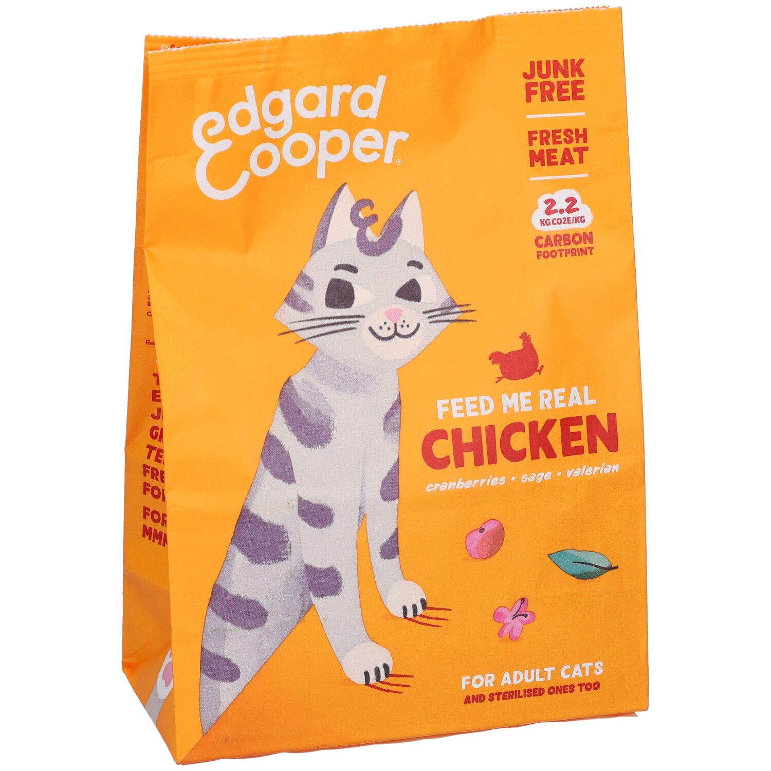 Confezione arancione con immagine di gatto e nome del prodotto. Testo: "Feed me real Chicken".