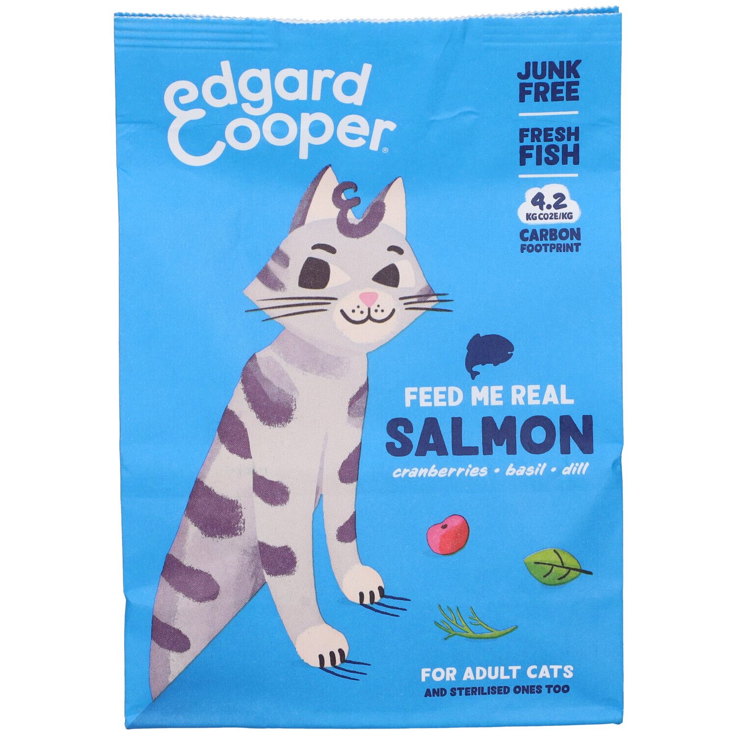 Sacchetto blu Edgard&Cooper con gatto. Testo: Feed Me Real Salmon. Per gatti adulti e sterilizzati.