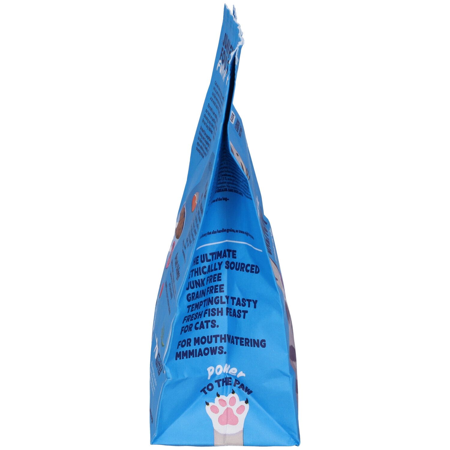 Lato di un sacchetto blu. Testo: Junk Free, Grain Free, Fresh Fish. Illustrazione zampa.