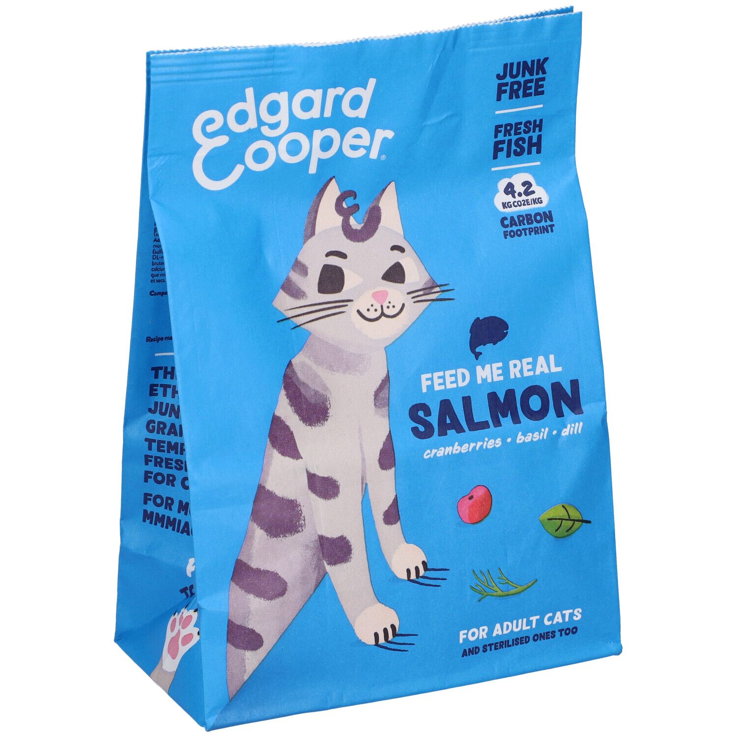 Sacchetto blu Edgard&Cooper con gatto. Testo: Feed Me Real Salmon. Per gatti adulti.