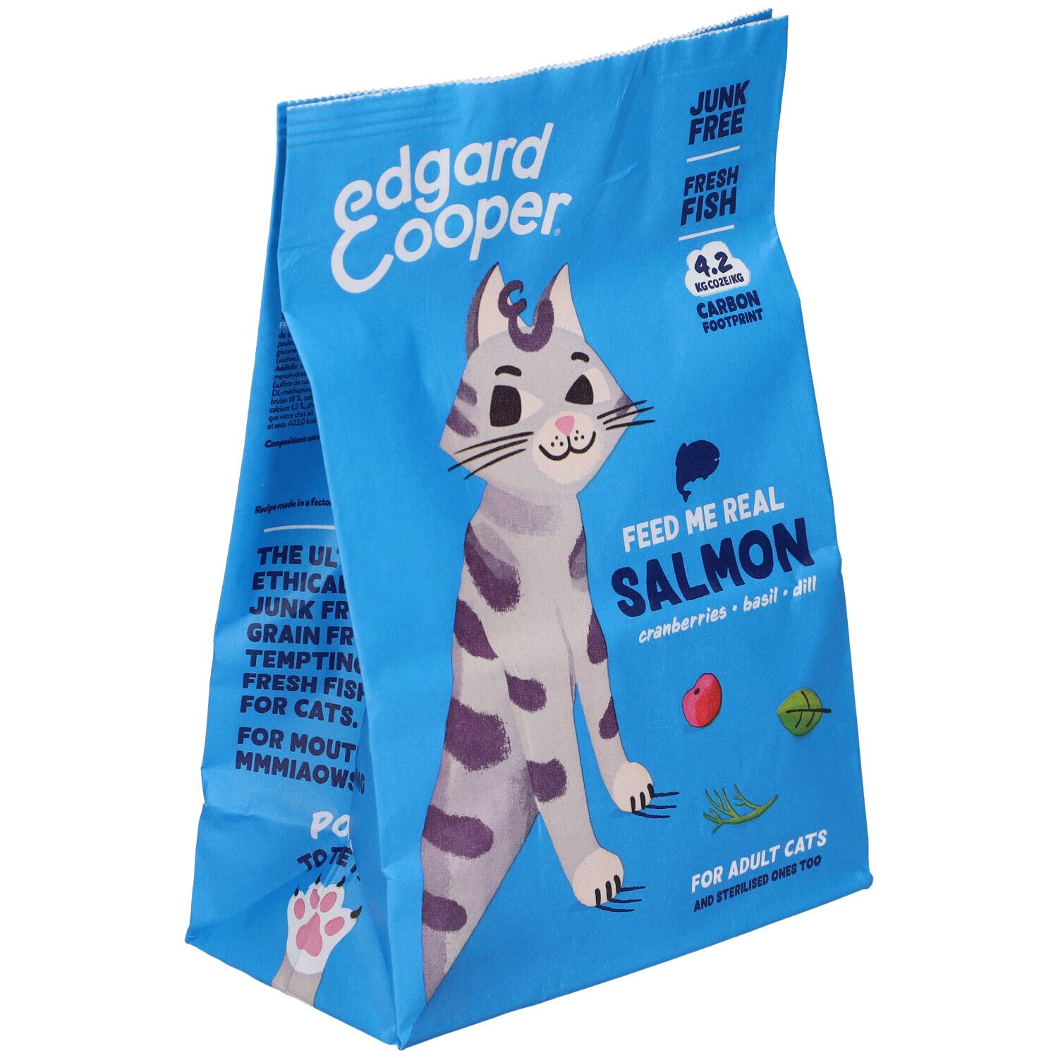 Sacchetto blu Edgard&Cooper con gatto. Testo: Feed Me Real Salmon. Per gatti adulti.