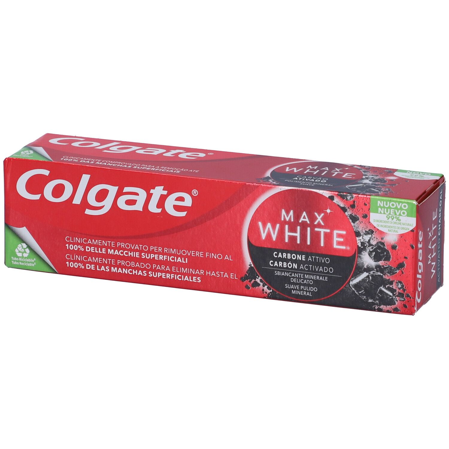 Colgate Max White Zahnpasta-Schachtel mit Aktivkohle, rot und schwarz.