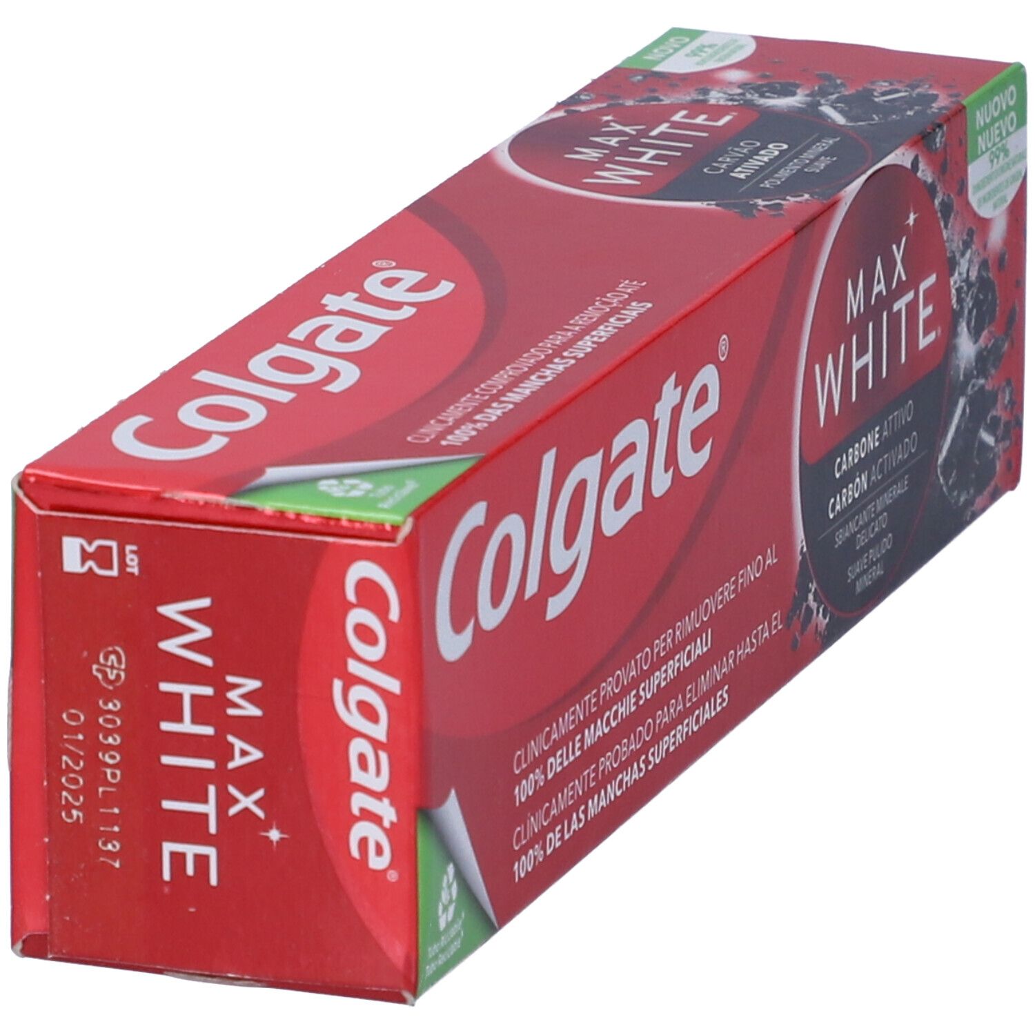 Colgate Max White Zahnpasta-Verpackung mit Aktivkohle-Motiv.