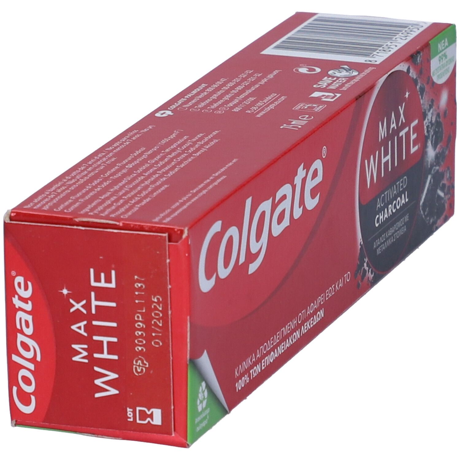 Colgate Max White Zahnpasta-Karton mit Aktivkohle. Rote Verpackung mit weißer Schrift.