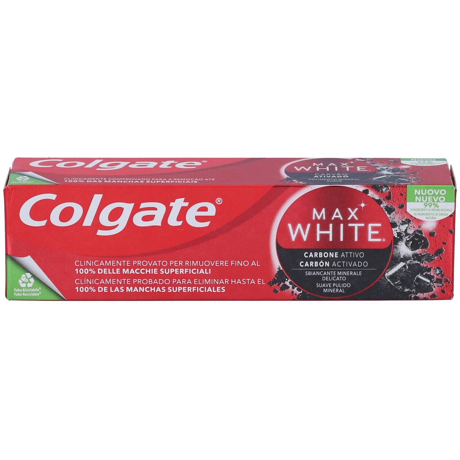 Colgate Max White Zahnpasta-Karton mit Aktivkohle. Rote Verpackung mit weißem Schriftzug und Kohlepartikeln.