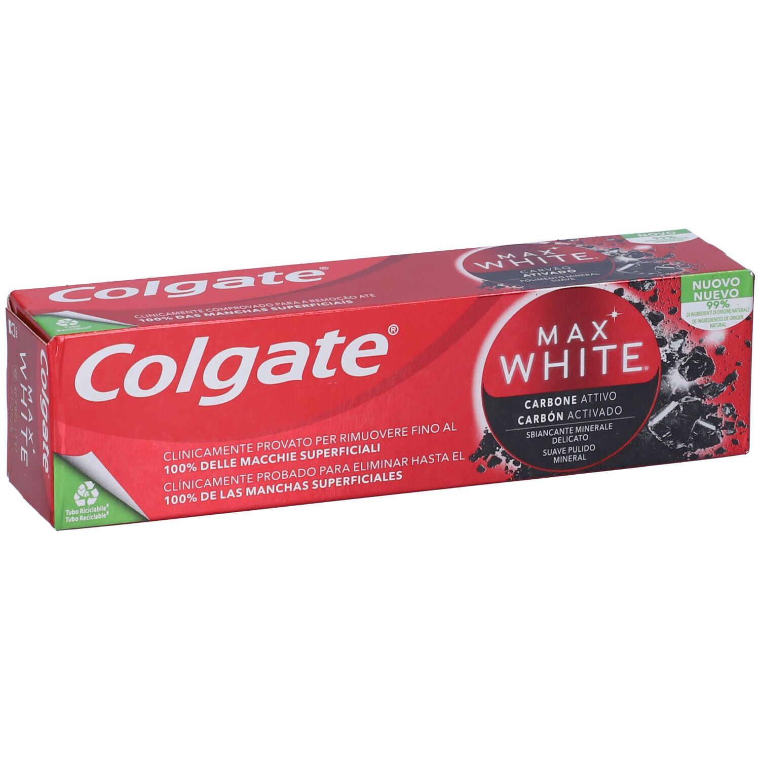 Colgate Max White Zahnpasta-Karton mit Aktivkohle. Rote Verpackung mit weißer Schrift und schwarzen Kohlepartikeln.