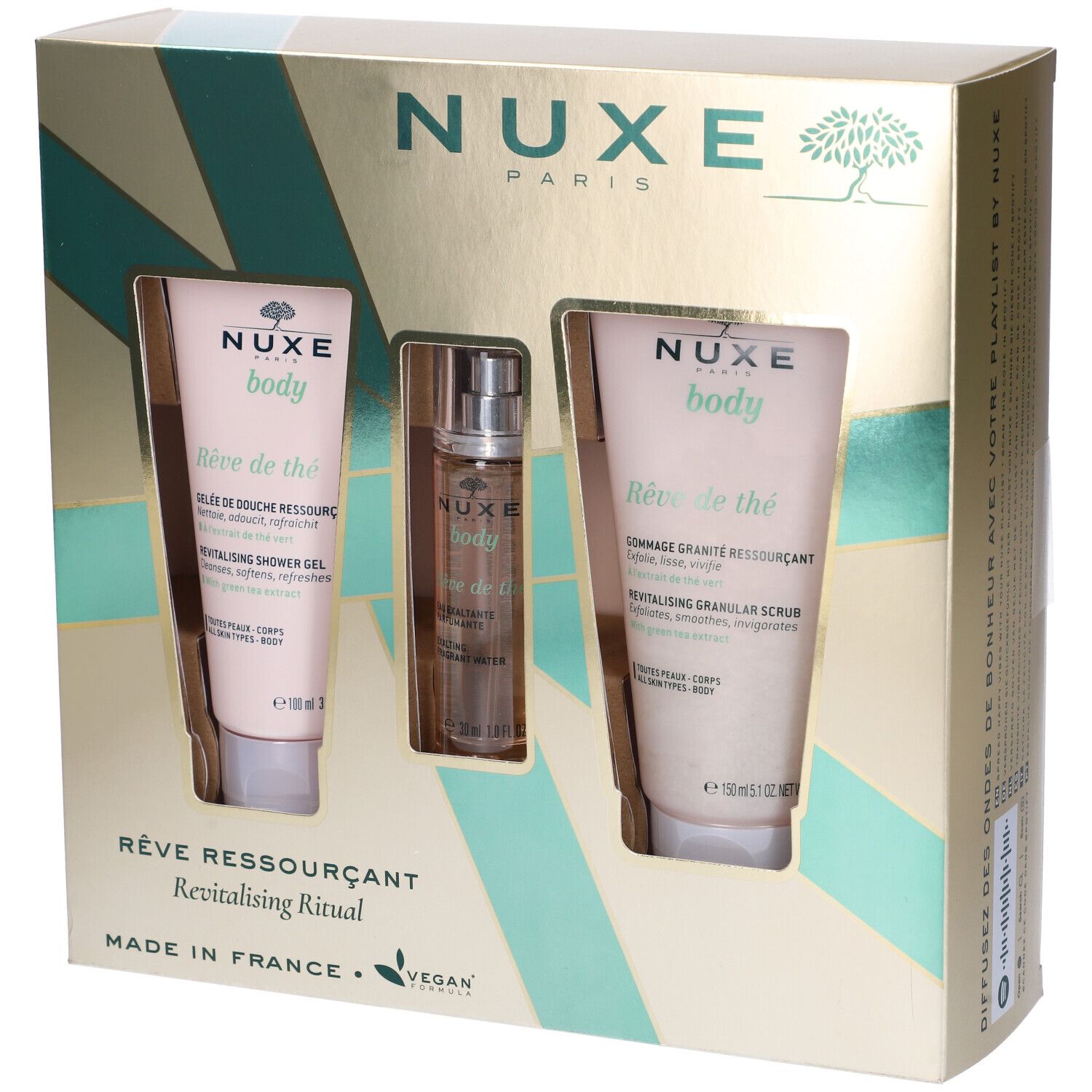 Confezione regalo Nuxe con gel doccia, scrub corpo e acqua profumata. Confezione dorata e verde. Vegano.