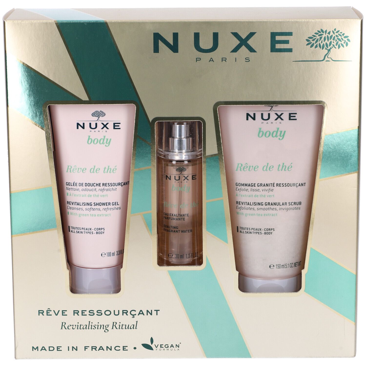 Confezione regalo Nuxe con gel doccia, scrub corpo e acqua profumata. Confezione dorata e verde. Vegano.