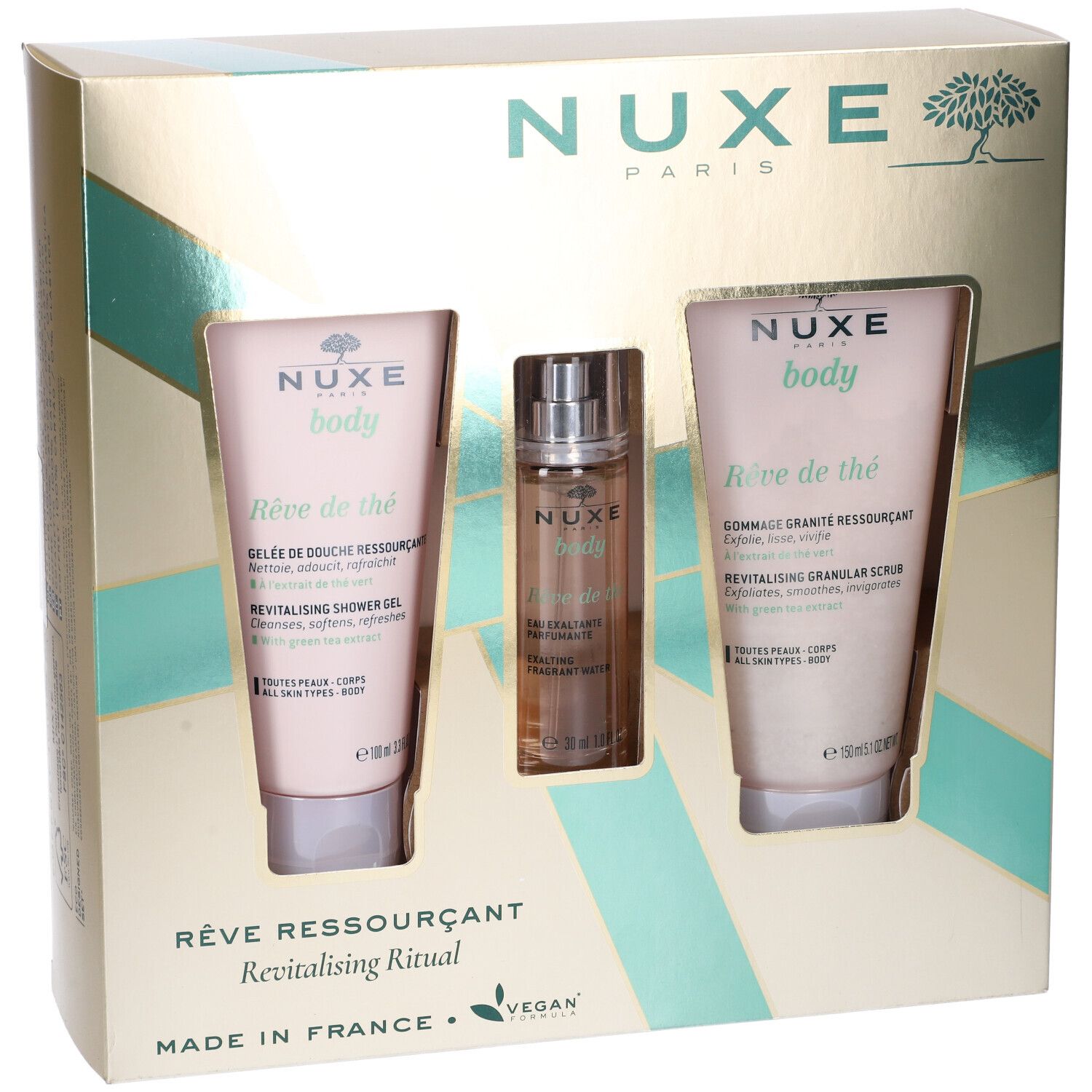Confezione regalo Nuxe con gel doccia, scrub corpo e acqua profumata. Confezione dorata e verde. Vegano.