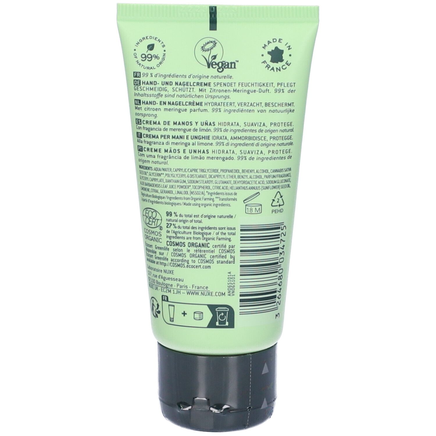 Retro del tubo verde Nuxe Sweet Lemon. Scritte: Hand- en Nagelcreme, 99% ingredienti di origine naturale, Vegan.