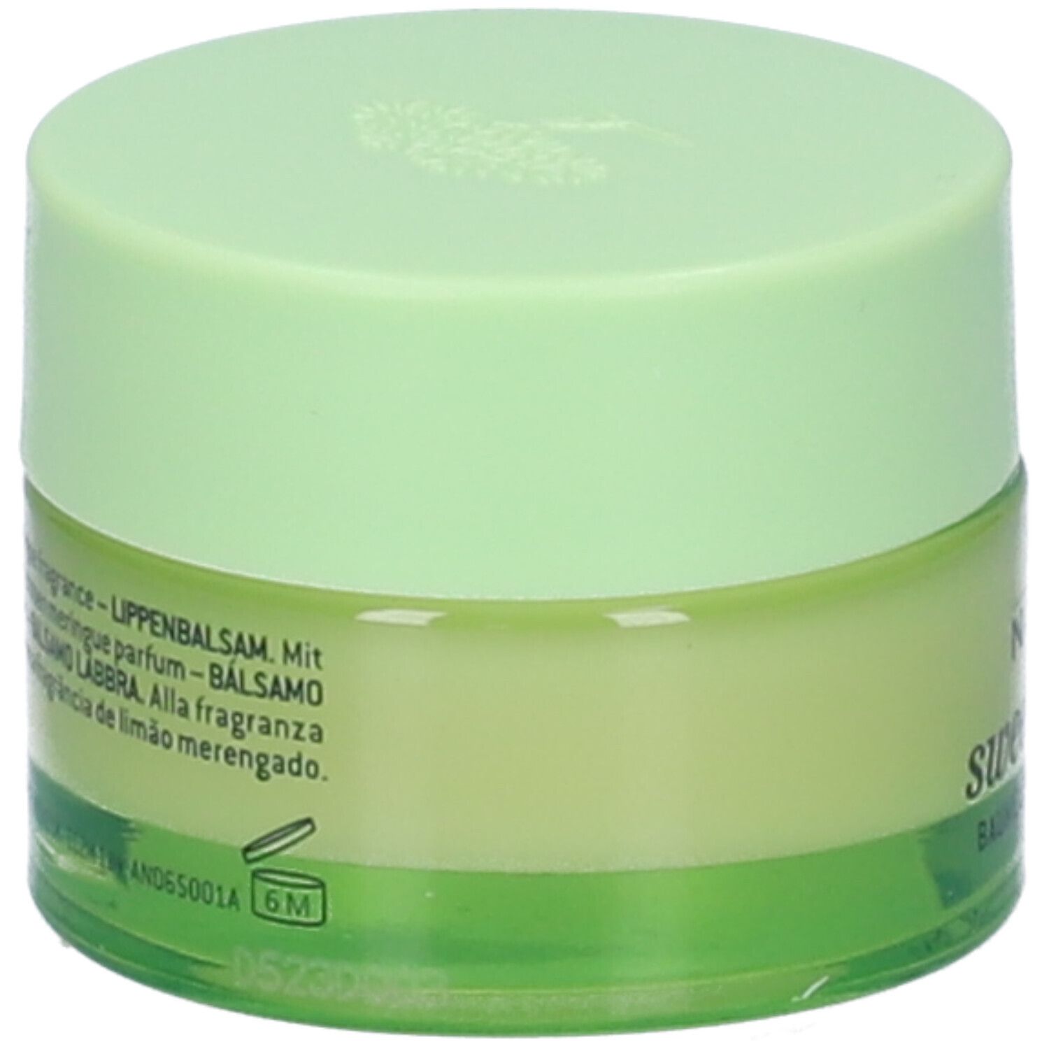 Vasetto verde di balsamo labbra. Scritta: Nuxe, sweet lemon, Baume Lèvres - Lip Balm. Testo multilingue.