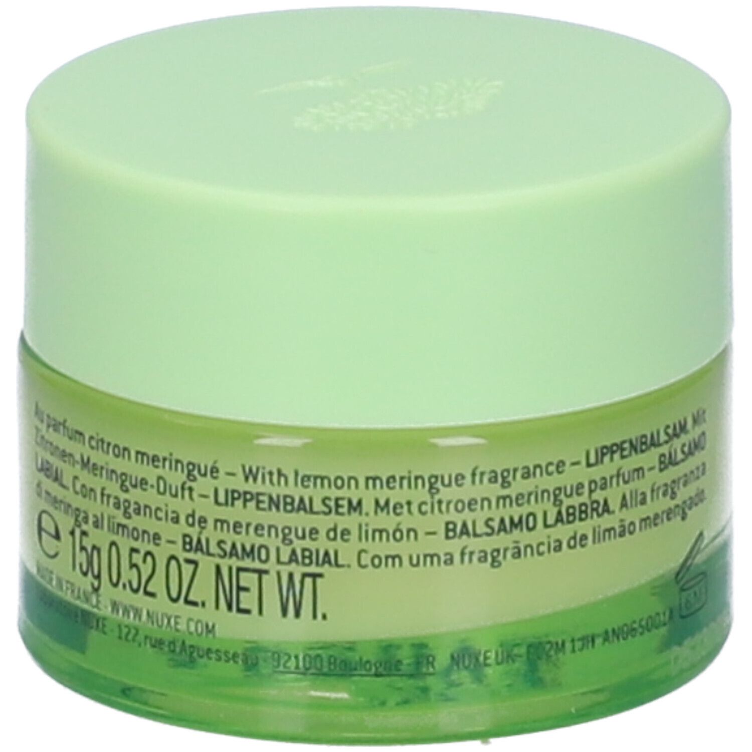 Vasetto verde di balsamo labbra. Scritta: Nuxe, sweet lemon, Baume Lèvres - Lip Balm. 15g 0.52 OZ. NET WT.