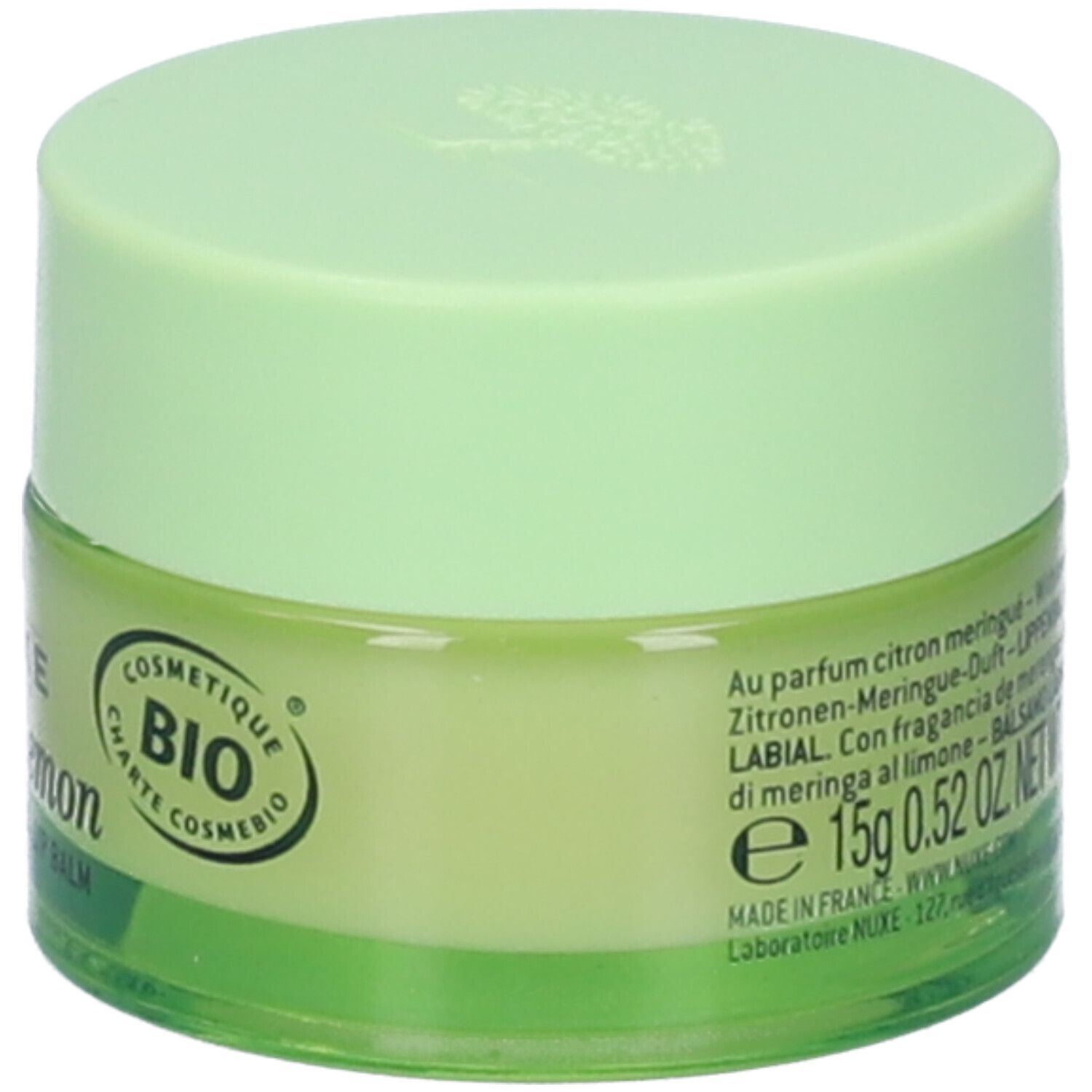 Vasetto verde di balsamo labbra. Scritta: Nuxe, sweet lemon, Baume Lèvres - Lip Balm. Certificazione Bio.
