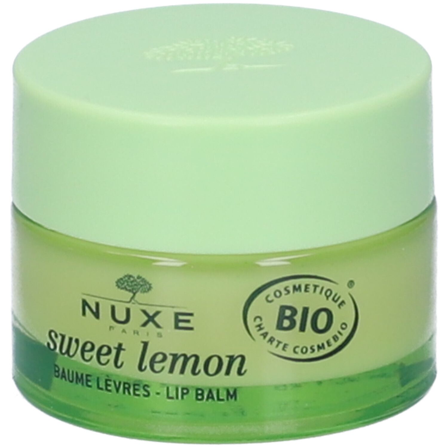 Vasetto verde di balsamo labbra. Scritta: Nuxe, sweet lemon, Baume Lèvres - Lip Balm. Certificazione Bio.