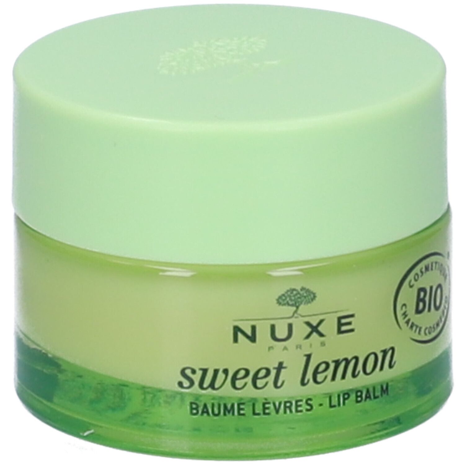 Vasetto verde di balsamo labbra. Scritta: Nuxe, sweet lemon, Baume Lèvres - Lip Balm. Certificazione Bio.
