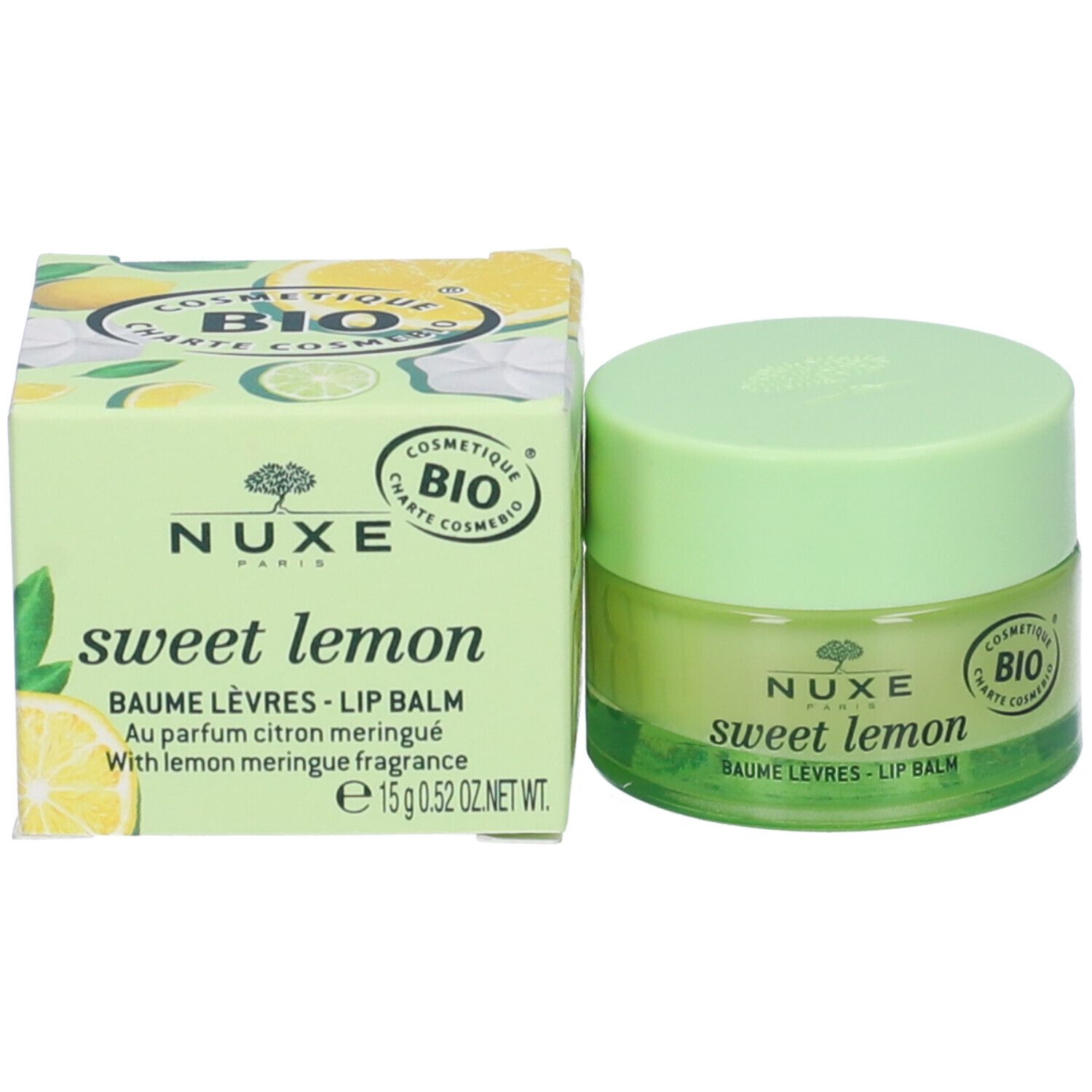 Confezione e vasetto di balsamo labbra. Scritta: Nuxe, sweet lemon, Baume Lèvres - Lip Balm. Certificazione Bio.