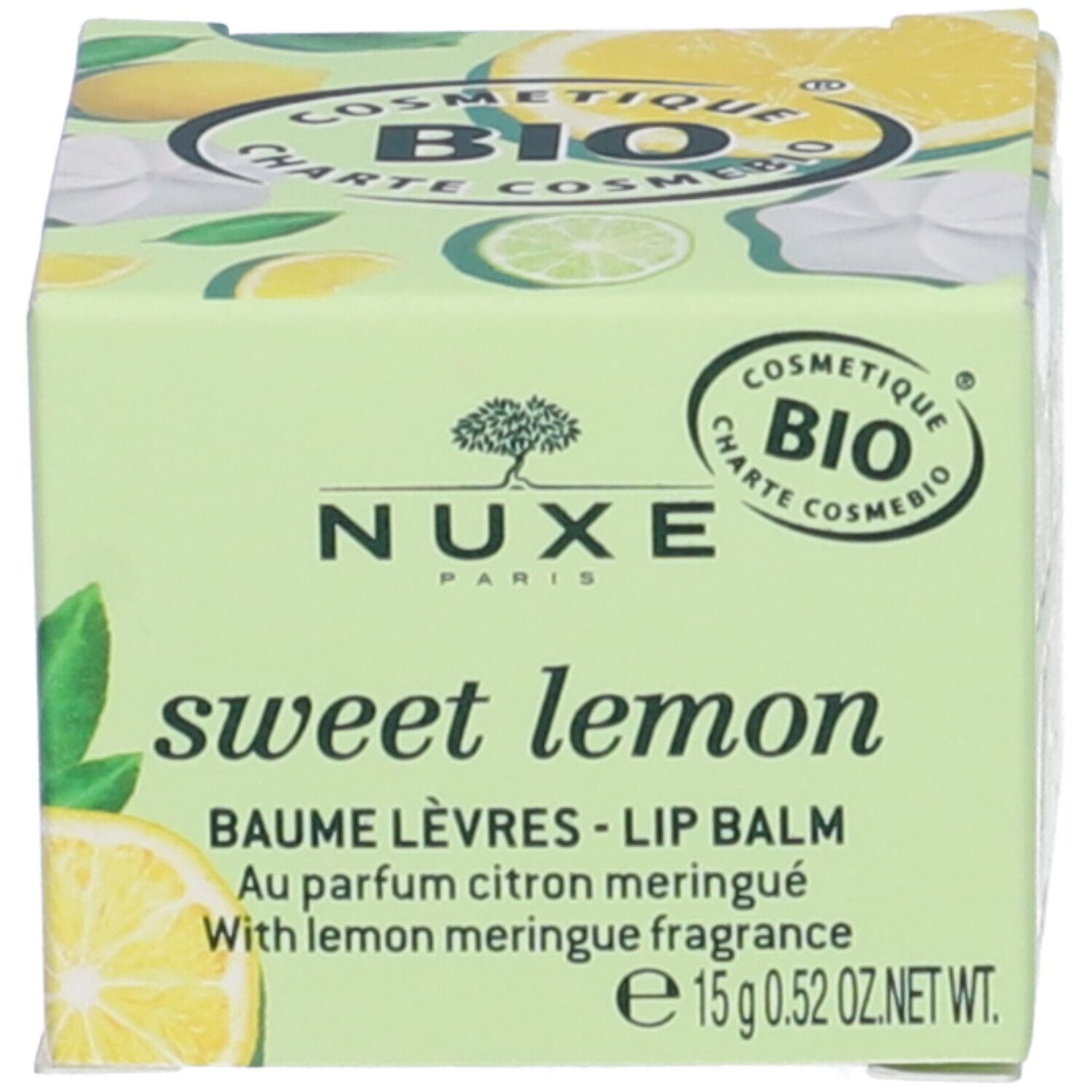 Confezione con scritta: Nuxe, sweet lemon, Baume Lèvres - Lip Balm. 15g 0.52 OZ. NET WT. Certificazione Bio.
