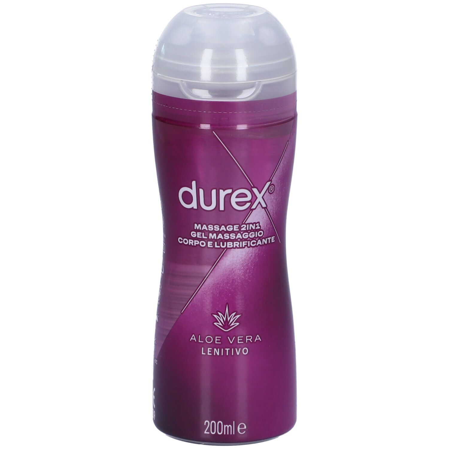 Flasche mit Massagegel. Marke Durex, Text: Massage 2in1, Aloe Vera. Lila-farbenes Design, weißer Deckel. 200ml.