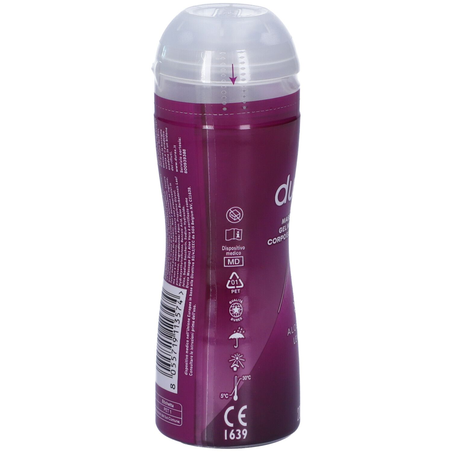 Rückseite der Flasche mit Massagegel. Text und Symbole. CE-Kennzeichnung. Flaschenmaterial: PET. Temperaturangaben.