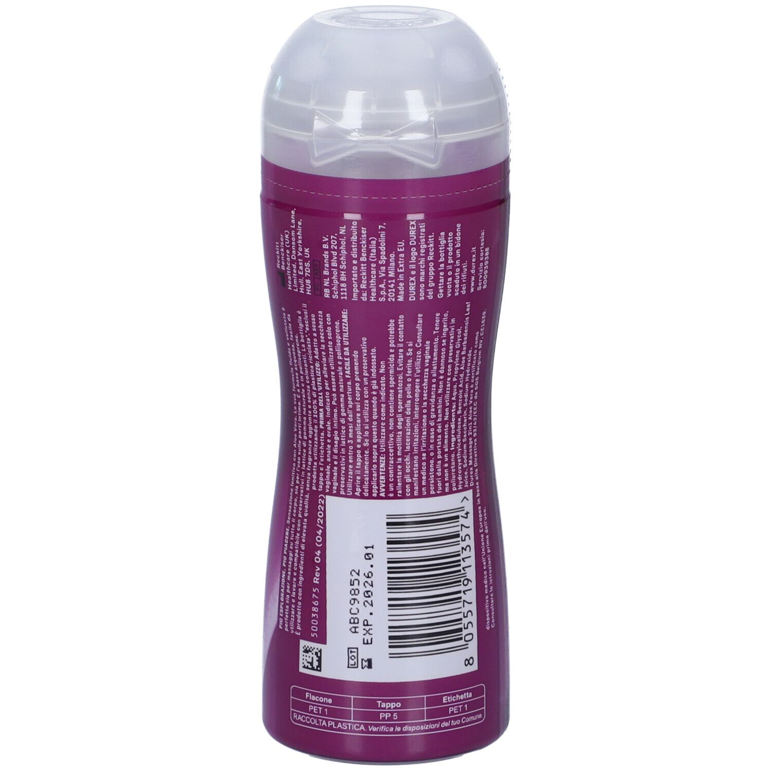 Rückseite der Flasche mit Massagegel. Text, Chargennummer, Verfallsdatum. Flaschenmaterial: PET. Deckelmaterial: PP.