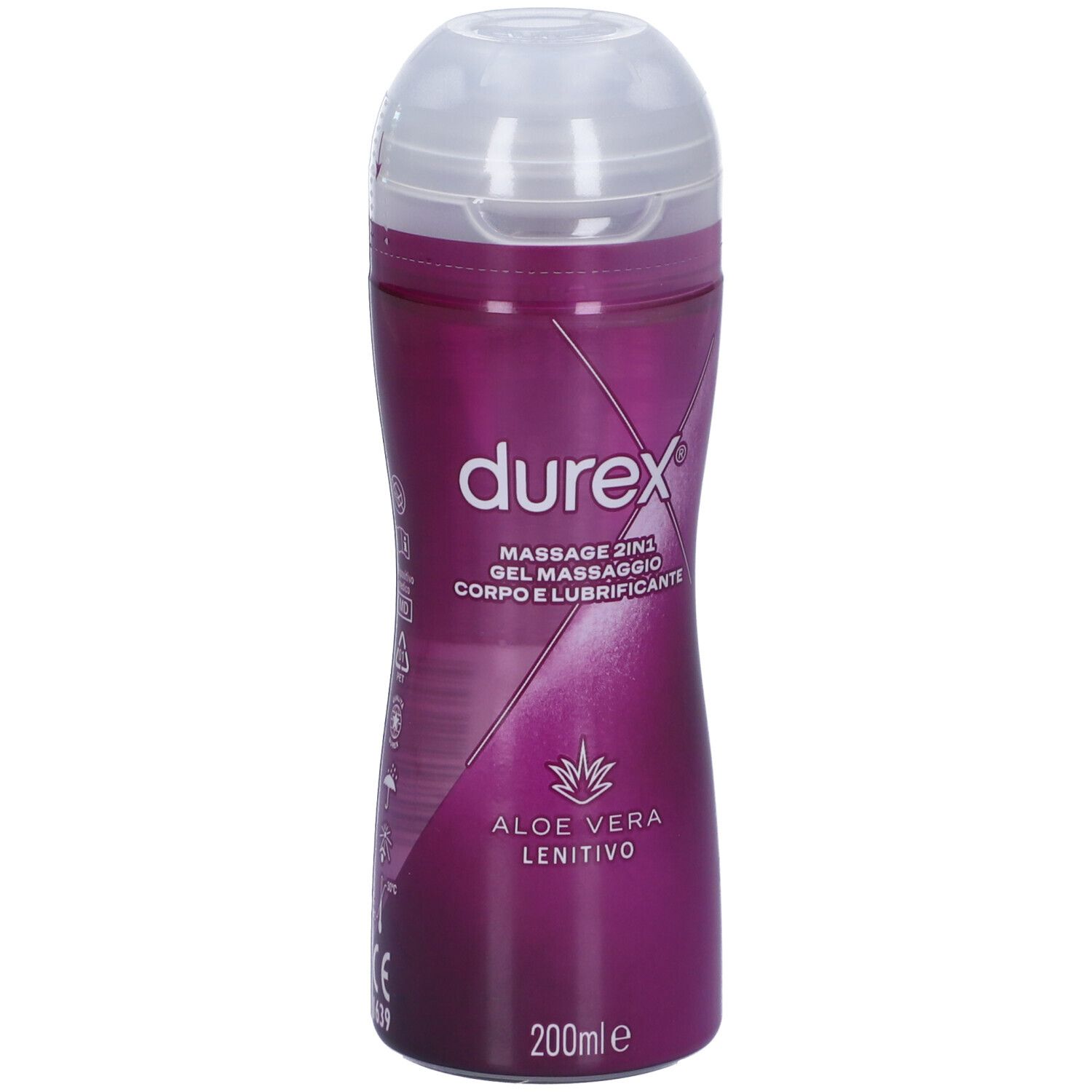 Flasche mit Massagegel. Marke Durex, Text: Massage 2in1, Aloe Vera. Lila-farbenes Design, weißer Deckel. 200ml.