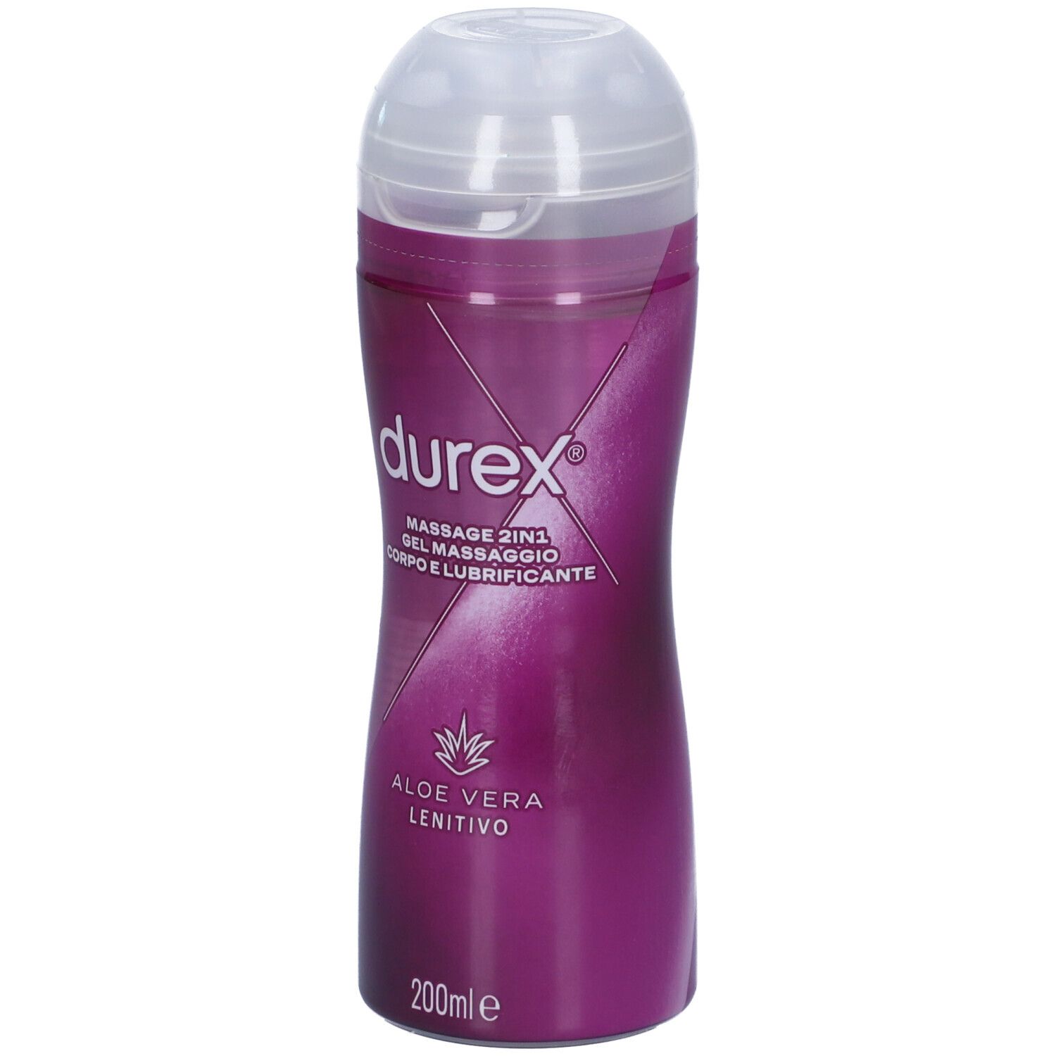 Flasche mit Massagegel. Marke Durex, Text: Massage 2in1, Aloe Vera. Lila-farbenes Design, weißer Deckel. 200ml.