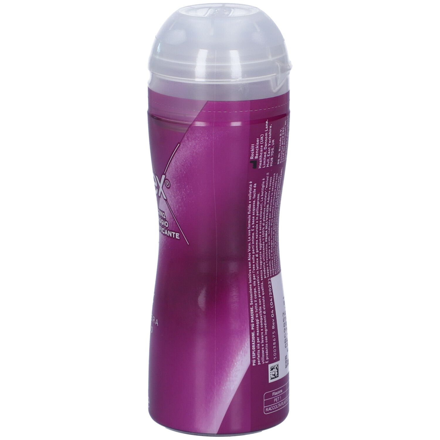 Rückseite der Flasche mit Massagegel. Text, Chargennummer, Verfallsdatum. Flaschenmaterial: PET. Deckelmaterial: PP.