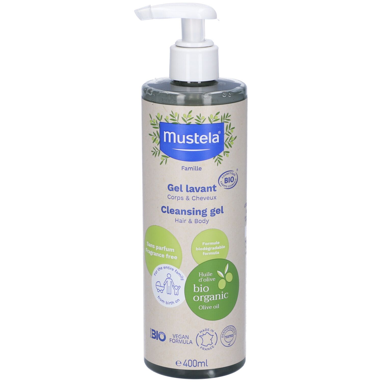 Flacone Mustela Gel Detergente Bio con dosatore. Scritte: Gel lavant, Cleansing gel, Bio organic, vegan formula.
