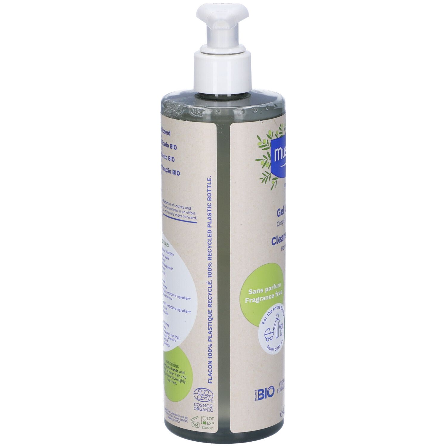 Flacone Mustela Gel Detergente Bio, vista laterale. Scritte: 100% plastica riciclata. Certificazione Bio.