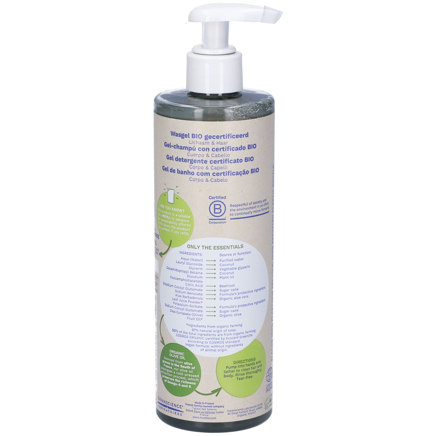 Retro flacone Mustela Gel Detergente Bio. Scritte: certificazione Bio, ingredienti, vegano.