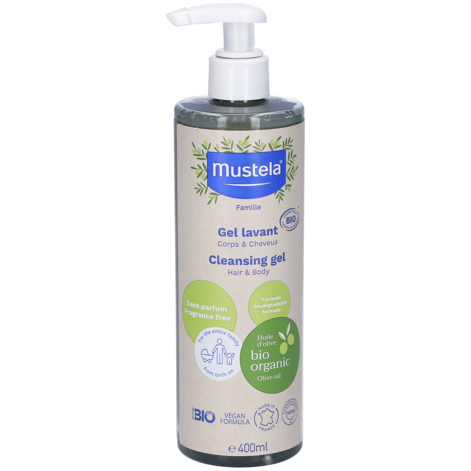Flacone Mustela Gel Detergente Bio con dosatore. Scritte: Gel lavant, Cleansing gel, Bio organic, vegan formula.