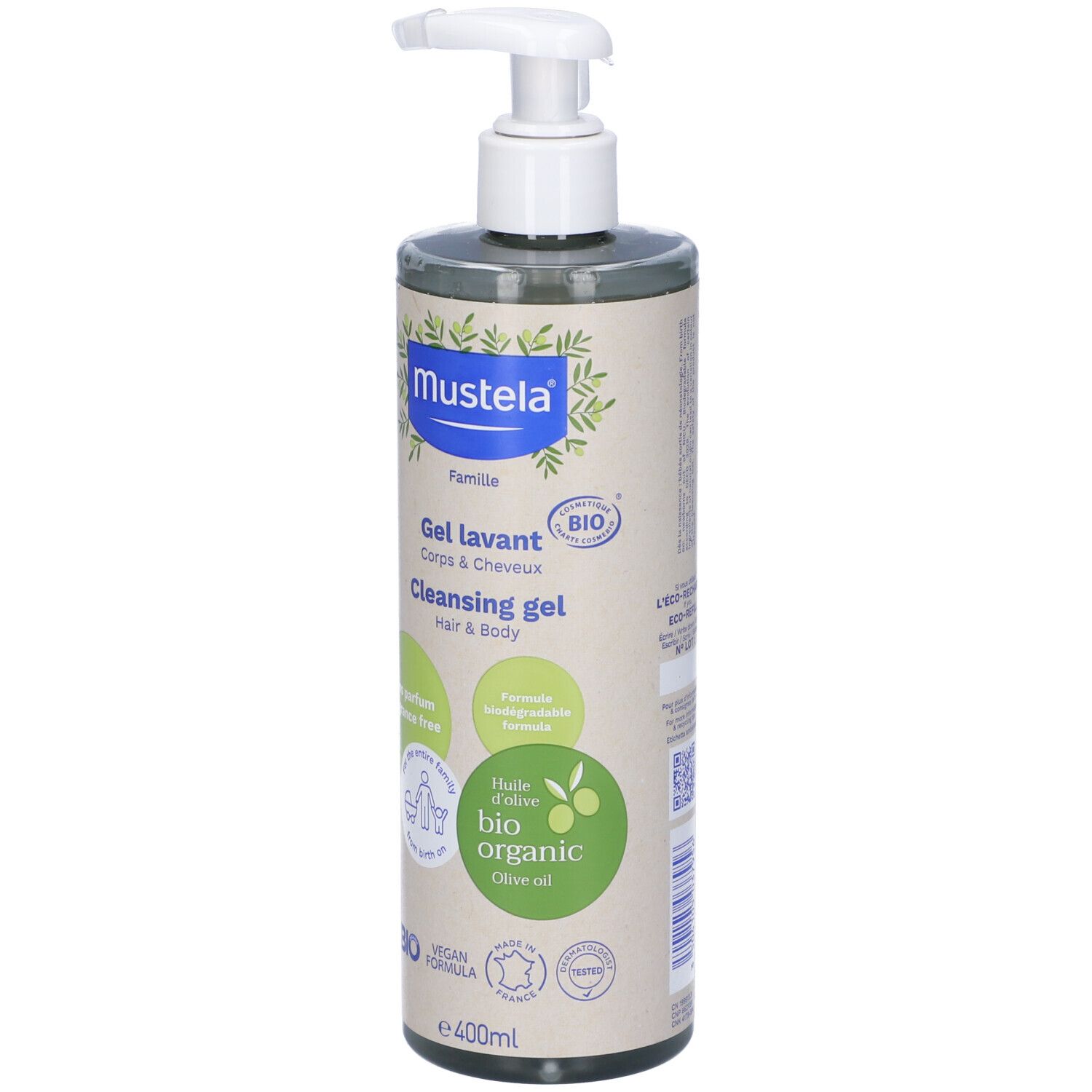 Flacone Mustela Gel Detergente Bio con dosatore. Scritte: Gel lavant, Cleansing gel, Bio organic, vegan formula.