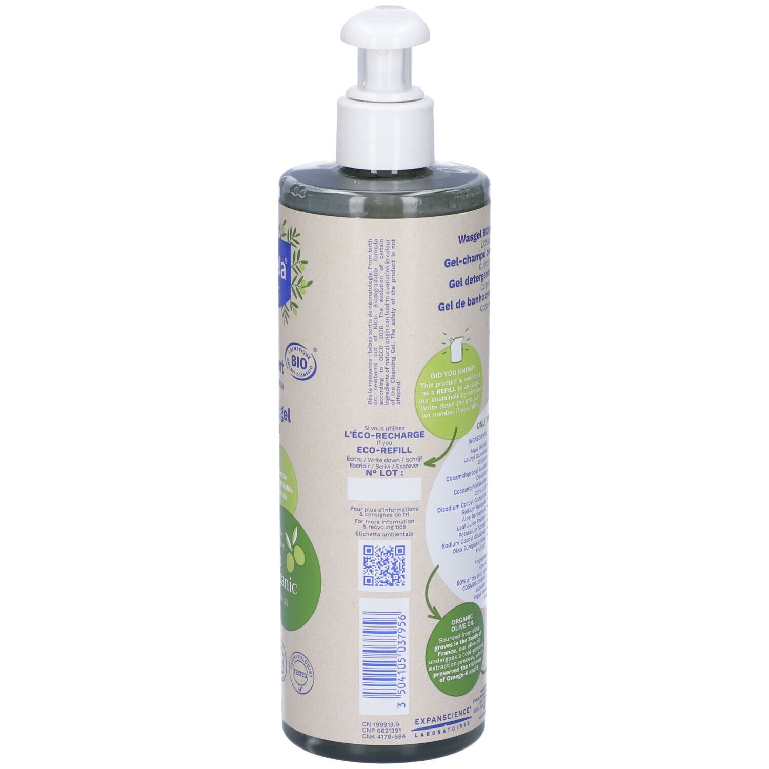 Retro flacone Mustela Gel Detergente Bio. Scritte: L'éco-recharge, codice QR, certificazione Bio.