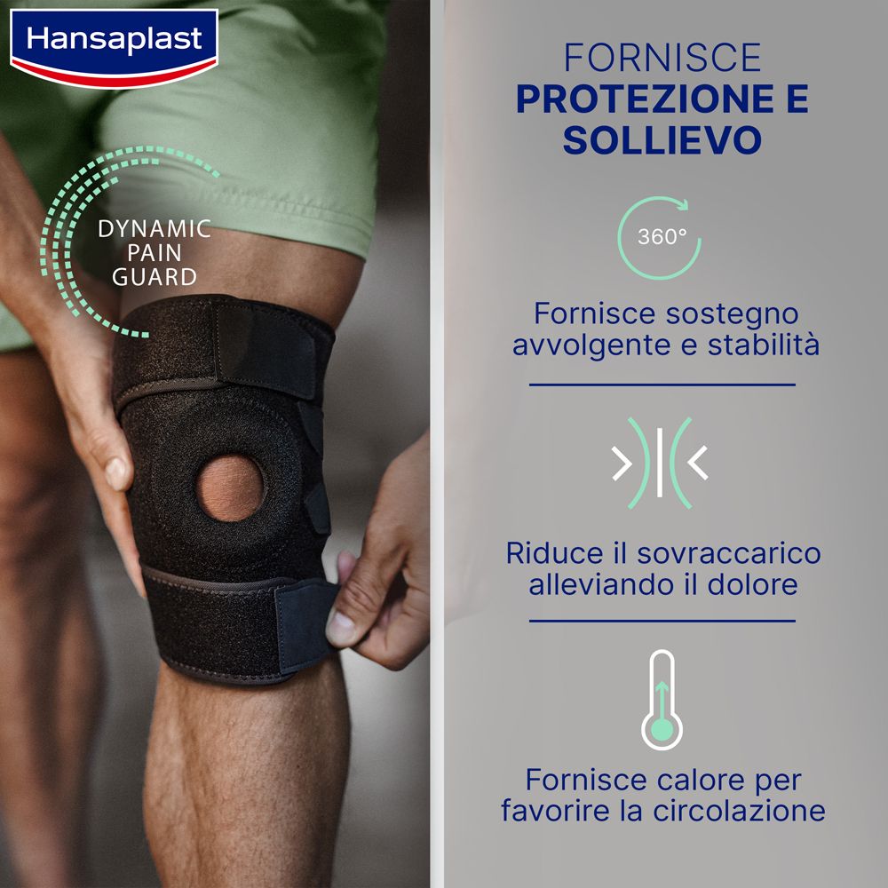 Tutore ginocchio su gamba. Testo: Fornisce protezione e sollievo. Supporto a 360°. Riduce il sovraccarico.