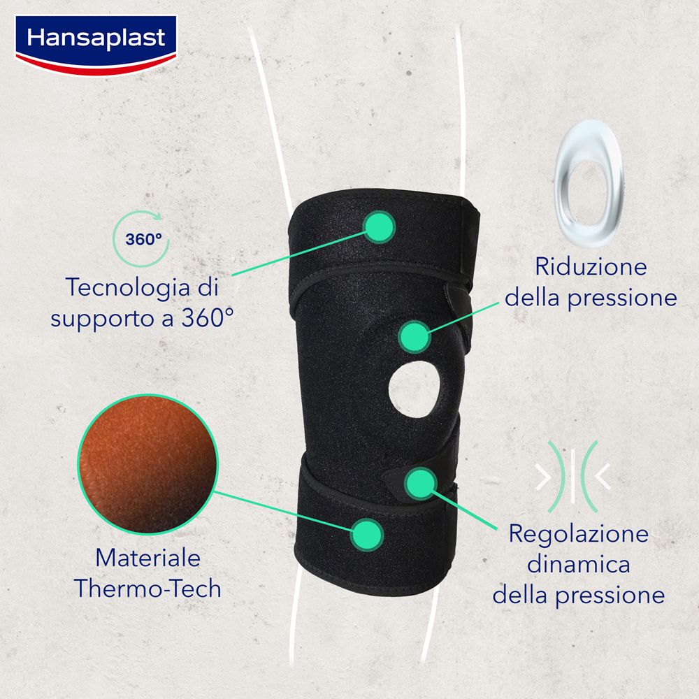 Tutore ginocchio nero. Supporto a 360°. Materiale Thermo-Tech. Riduzione pressione. Regolazione dinamica.