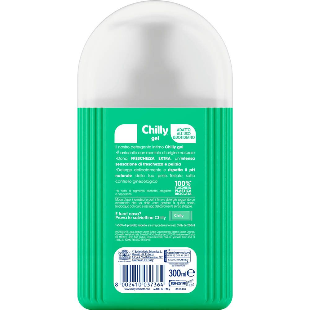 Chilly Intim-Gel Flasche, 300ml, mit grüner Riffelung und weißem Verschluss.
